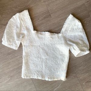 NWT Shirred Puff Sleeve Lacy White Crop Top - Medium - Q+A Los Angeles